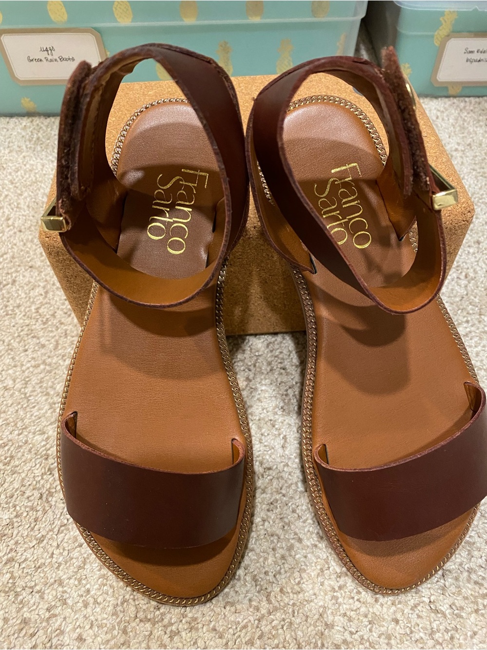Women’s Franco Sarto Ankle Strap Flat Sandals with Gold Accents, Sz. 6